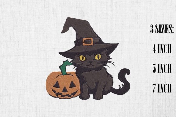Cute Black Cat with Pumpkin Embroidery